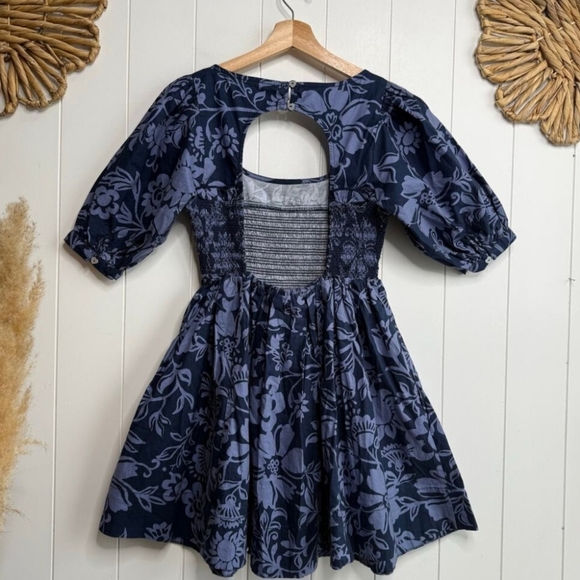 Free People Navy Floral Mini Dress W/ Puff Sleeves Smocked Bodice& Heart Buttons - Picture 9 of 13